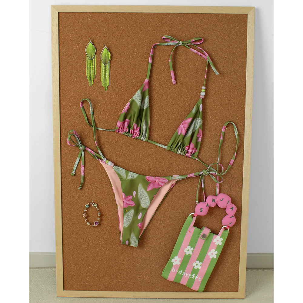 Micro bikini 2025, costume da bagno push-up per donna, costume da bagno sexy, bikini brasiliano, costume da bagno bikini con stampa floreale, abbigliamento estivo da spiaggia.