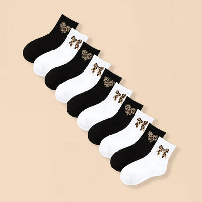 10 paia di adorabili calzini per bambini in bianco e nero, con stampa leopardata alla moda e fiocchi, comodi calzini per bambini a metà polpaccio
