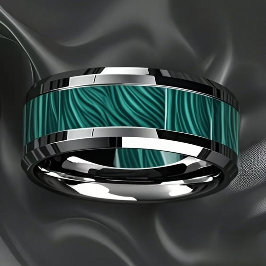 Anelli da uomo in acciaio inossidabile color argento con intarsio in pietra imitazione pavone da 8 mm, gioielli per matrimonio da uomo, anello in acciaio