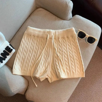 Pantaloncini da donna in maglia a vita alta con coulisse, tinta unita, stile americano, nuovi arrivi autunnali, in fibra di poliestere.