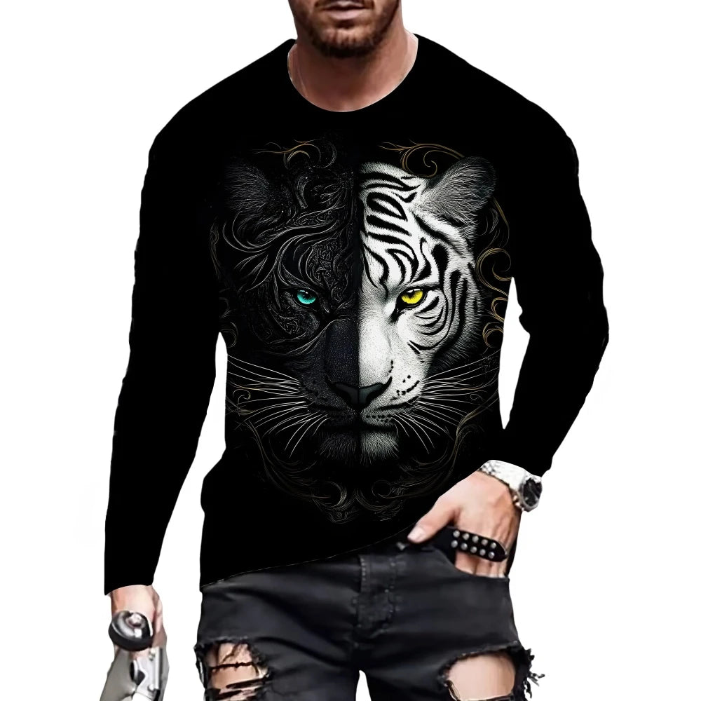 T-shirt da uomo vintage con stampa, maniche lunghe, stampa 3D tigre, girocollo ampio, abbigliamento uomo con animali, t-shirt oversize autunnale da uomo