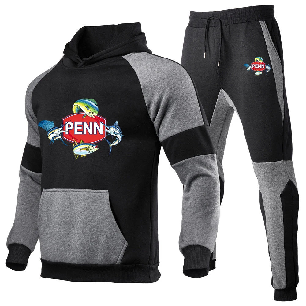 Penn Fishing Reel 2023 Men New Sets Spring and Autumn Brand Popular Print Fashion Color Matching Hoodie + Pants Two-piece Set