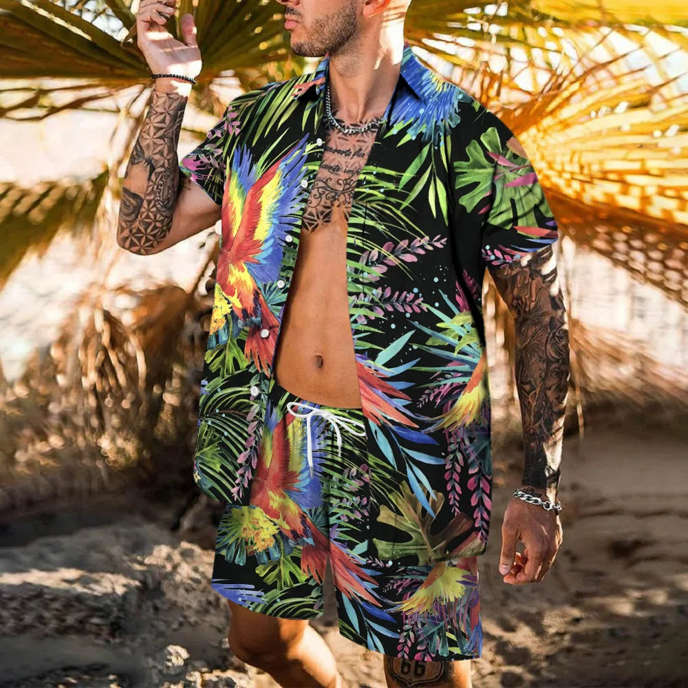 Completo da spiaggia hawaiano da uomo, 2 pezzi: camicia con stampa 3D, maniche corte, pantaloncini da spiaggia, camicia casual, set due pezzi alla moda per le vacanze.