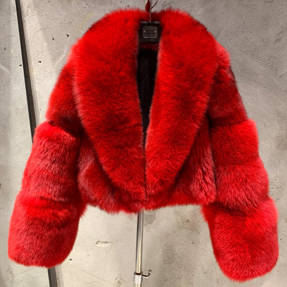 # Giacca in pelliccia di volpe dorata da donna, cappotto corto in vera pelliccia di volpe, manica lunga, in tessuto di pelliccia naturale con colletto
