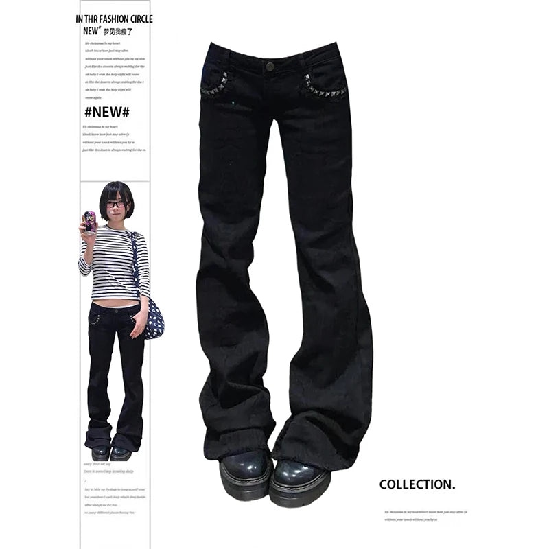ZHIZOU Jeans da donna a vita bassa, neri, svasati, in denim, stile Gyaru, retrò americano, coreano, cyberpunk, a tromba, jeans skinny a campana, stile Y2k