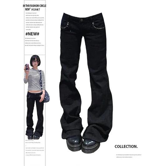 ZHIZOU Jeans da donna a vita bassa, neri, svasati, in denim, stile Gyaru, retrò americano, coreano, cyberpunk, a tromba, jeans skinny a campana, stile Y2k