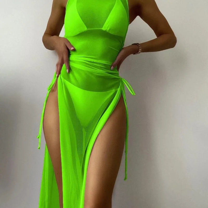 Women'S Bikini Set Solid Color Printing 3-Piece Set Beach Sexy Tight Low Waist Mesh Drawstring Split Style