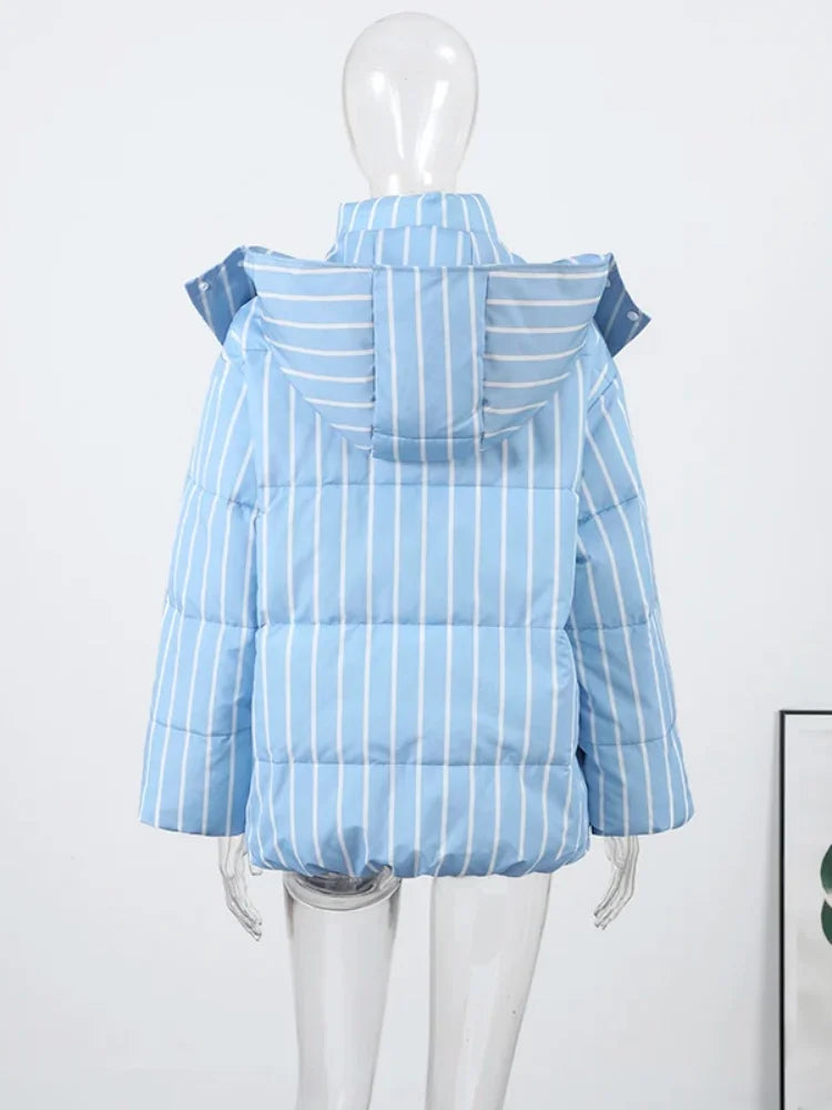 Casual Striped Loose Coat Women Full Sleeve Zippers Stand Collar Thicken Jackets Female 2025 Street Autumn Winter Lady Outwears