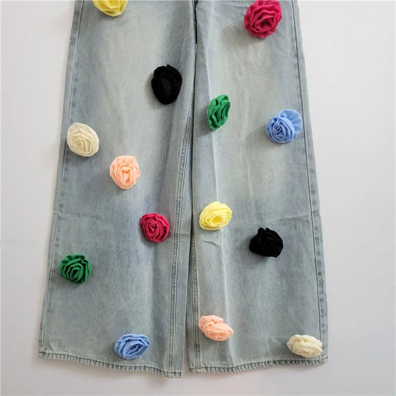 DEAT 2024 Autumn Fashion New Items Flower Sequin Decoration Jeans For Women High Waist Straight Wide Legs Denim Pants 11A0521