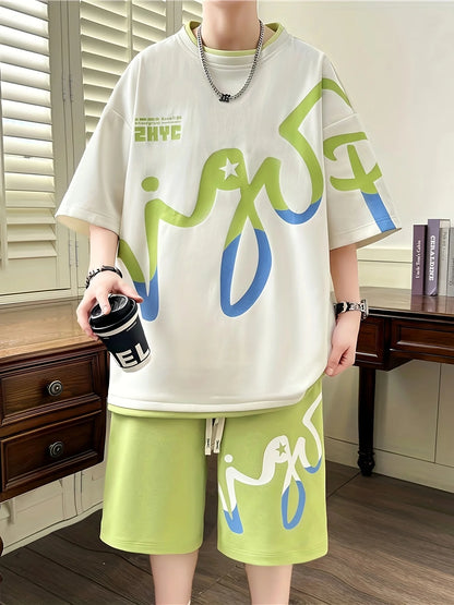Completo estivo da uomo 2025, abbigliamento sportivo coreano a due pezzi per uomo, abbigliamento da uomo alla moda, set da jogging, set t-shirt + pantaloncini, po
