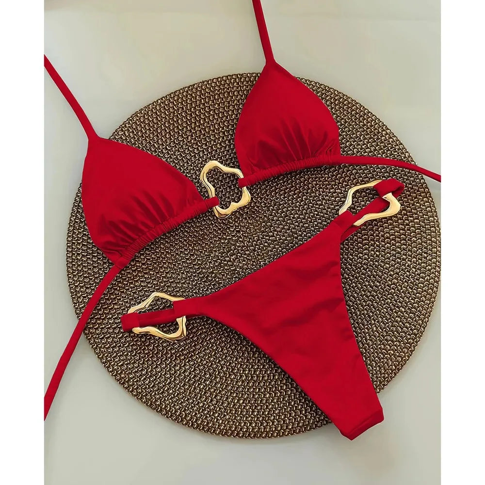 Nuovo bikini sexy a tinta unita con lacci e spacco, costume da bagno a due pezzi per donna
