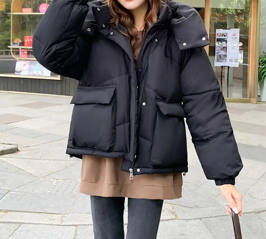 New Winter Fashion Long Sleeve Stand Up Collar Zipper Loose Solid Color Thick Hooded Down Jacket For Women,7 Colors