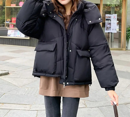 New Winter Fashion Long Sleeve Stand Up Collar Zipper Loose Solid Color Thick Hooded Down Jacket For Women,7 Colors