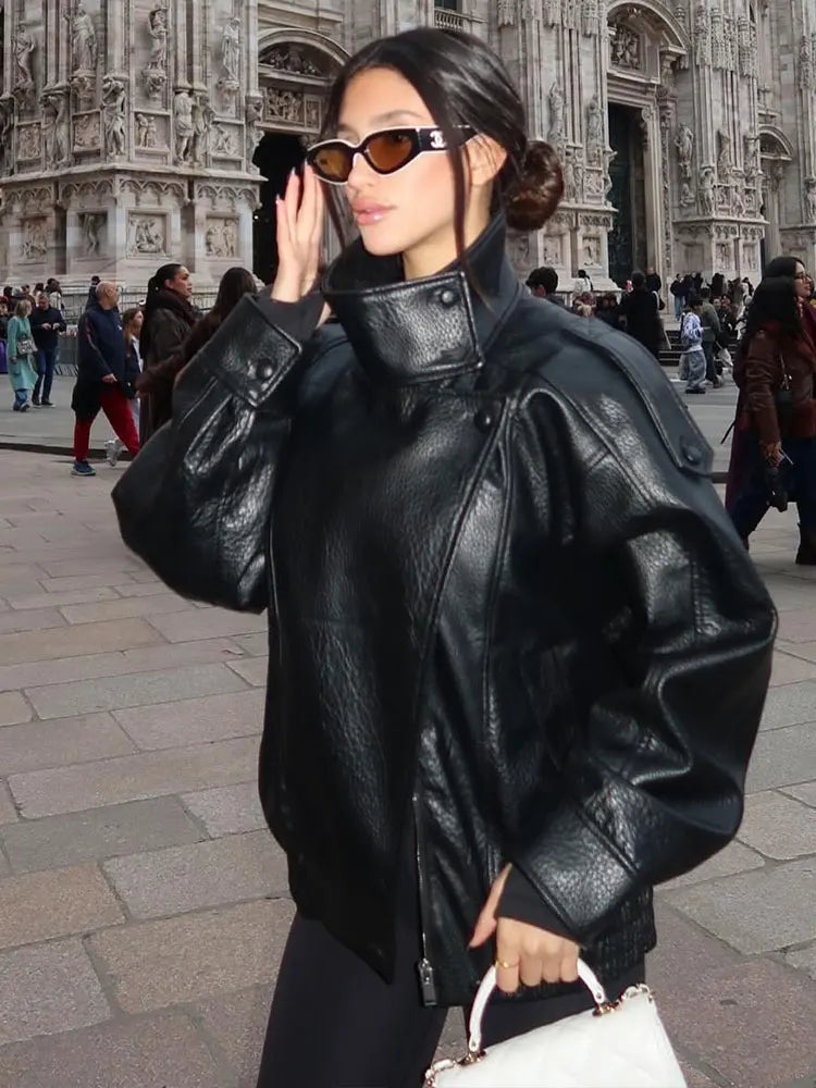 HH 2026 Giacca da donna alla moda in pelle sintetica nera con collo alto, maniche lunghe e cerniera, stile vintage, giacca in pelle sintetica stile streetwear