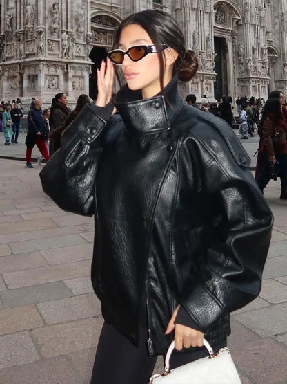 HH 2026 Giacca da donna alla moda in pelle sintetica nera con collo alto, maniche lunghe e cerniera, stile vintage, giacca in pelle sintetica stile streetwear