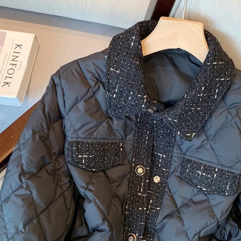 Bla Quilted Cotton Jaet Women's Winter Lightweight Diamond Pattern Faionable Design Casual Loose Fit Long Sve Coat