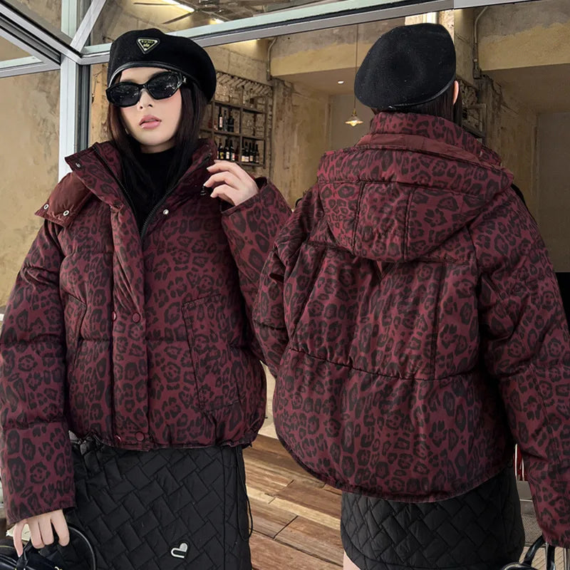 American Retro Short Cotton Jacket Women's Leopard Print Loose Hooded Padded Clothes Fashion Stand Collar Thickened Quilted Coat