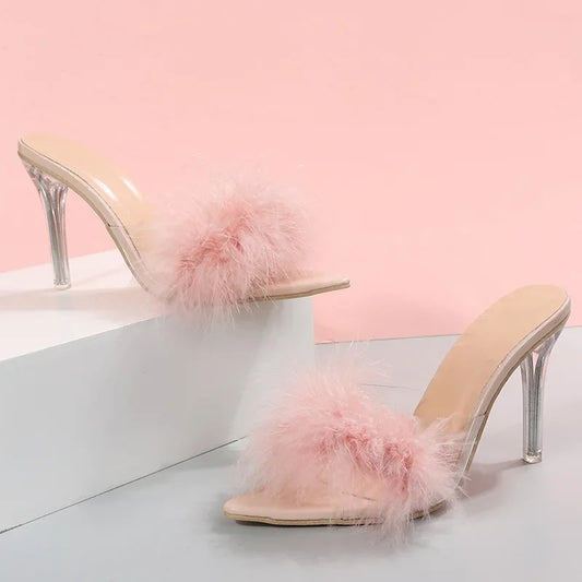 Pantofole da donna 2024, rosa con piume, punta aperta, pantofole a punta, sexy, slip-on, ciabatte con tacco trasparente, tacco sottile, calzature estive da donna
