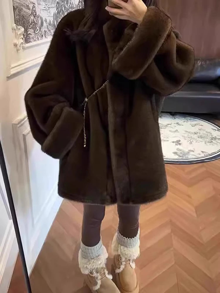 Korean Style Women Medium Long Mink Fur Coat Autumn Winter Stand Collar Eco-friendly Fur Solid Color Thickened Warm Overcoat
