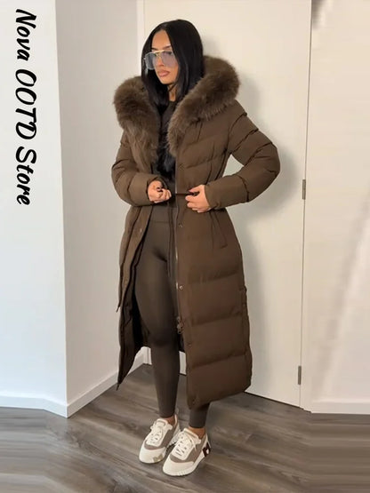 Elegant Fur Collar Hood Belt Long Cotton Jacket Women Zipper Drawstring Waist Parka Down Coat 2025 Winter Lady Warm Chic Outwear