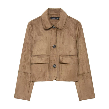 HH Women Vintage Solid Suede Coat Lapel Single Breasted Long Sleeve Jacket With Pockets Autumn Casual Outwear Short Jackets