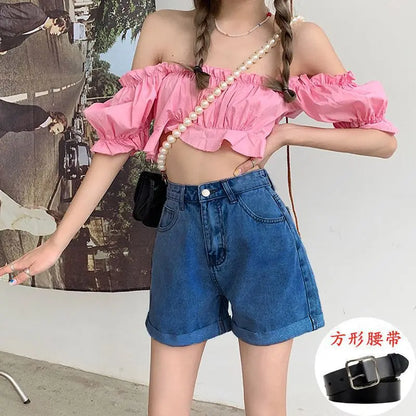 Light Blue High Waist Wide Leg A- Line Shorts Women's Denim Cuffed Hot Pants Design Sensation Casual Korean Style Cotton Shorts