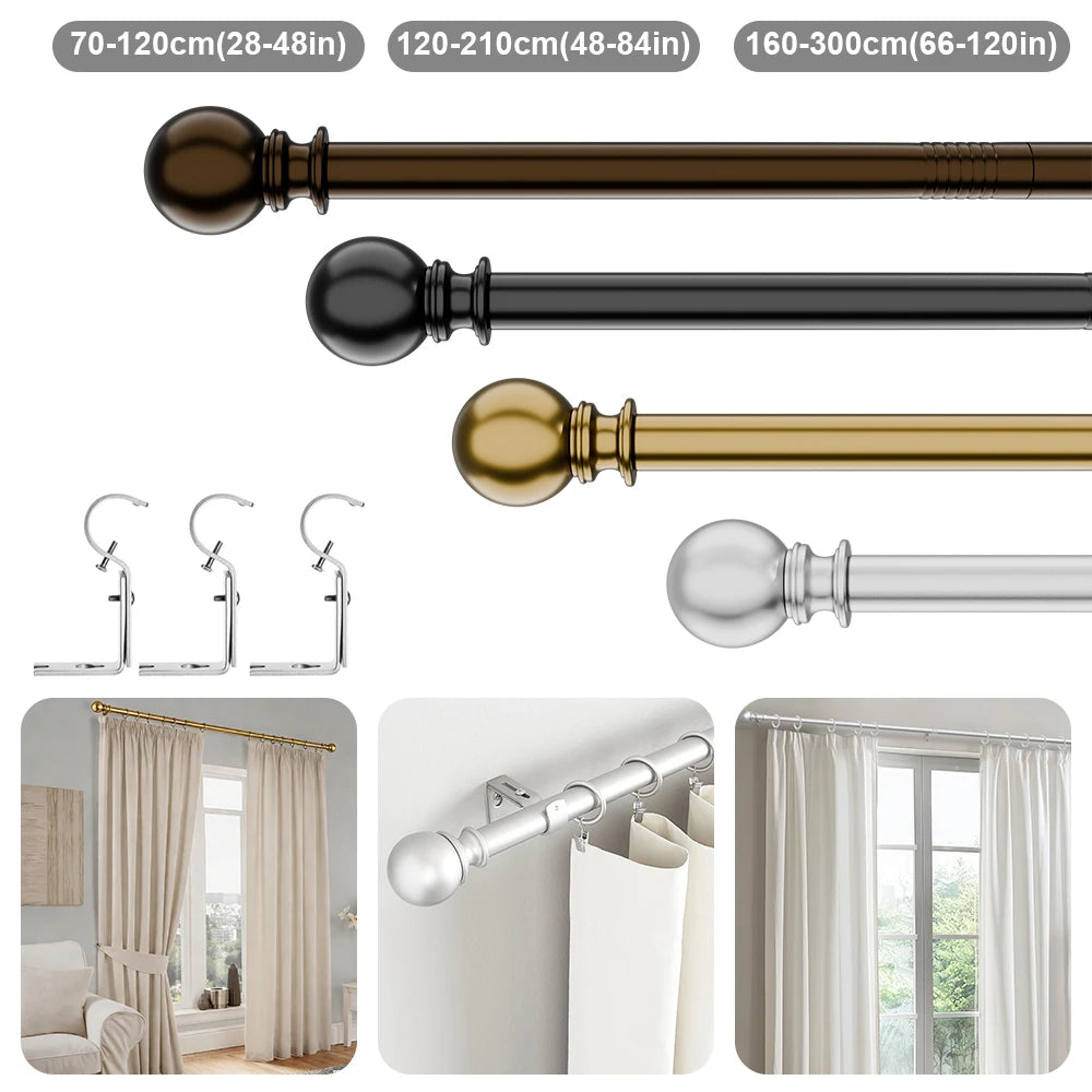 Adjustable Metal Curtain Rod Telescopic Poles with Bracket 70-120cm/120-210cm/160-300cm Multiple Colors