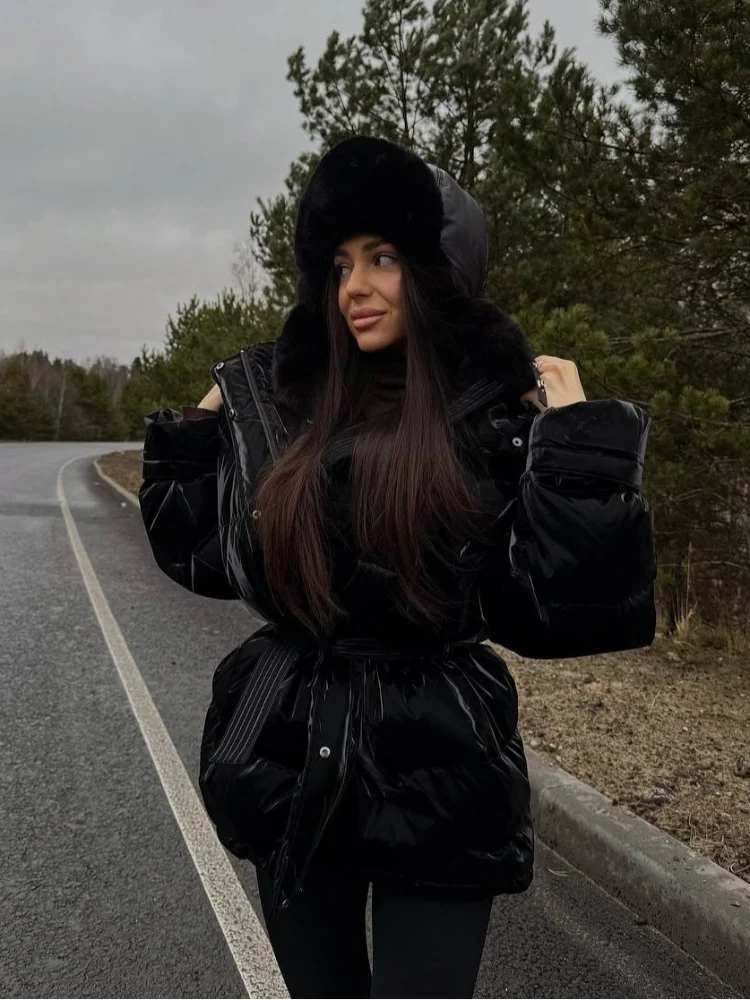 Women's Shiny Quilted Jacket With Detachable Hood Fashion Long Sleeve Zipper Belted Waist Coat Lady 2026 Warm Winter Outerwear