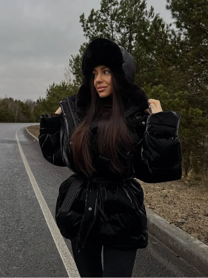 Women's Shiny Quilted Jacket With Detachable Hood Fashion Long Sleeve Zipper Belted Waist Coat Lady 2026 Warm Winter Outerwear