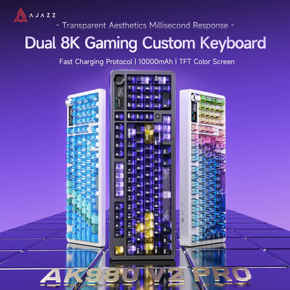 Tastiera da gioco AJAZZ AK980V2 Pro con batteria da 10000 mAh, doppia frequenza di polling 8K, tri-mode cablata/Bluetooth/2.4G e schermo a colori.