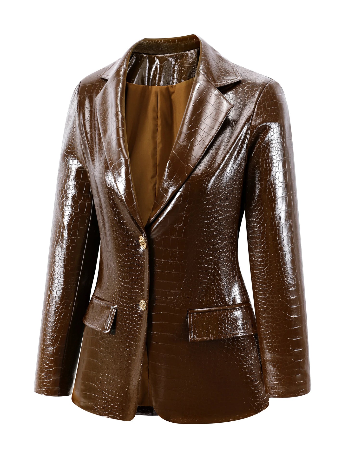 Women's Crocodile PU Leather Blazer, Retro Brown Fitted Jacket for Office & Professional Wear, All-Season Elegant Coat