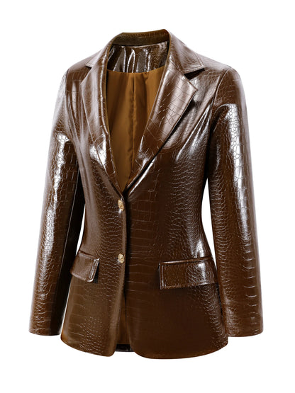 Women's Crocodile PU Leather Blazer, Retro Brown Fitted Jacket for Office & Professional Wear, All-Season Elegant Coat