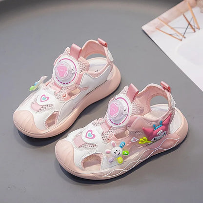 Sandali da bambina in pelle sintetica PU con stampa a cartoni animati, estivi, alla moda, con suola piatta, traspiranti e antiscivolo, rosa e viola, taglie 26-37.