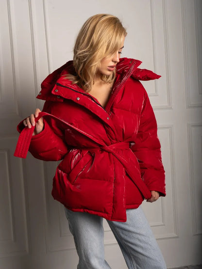 Women's Shiny Quilted Jacket With Detachable Hood Fashion Long Sleeve Zipper Belted Waist Coat Lady 2026 Warm Winter Outerwear