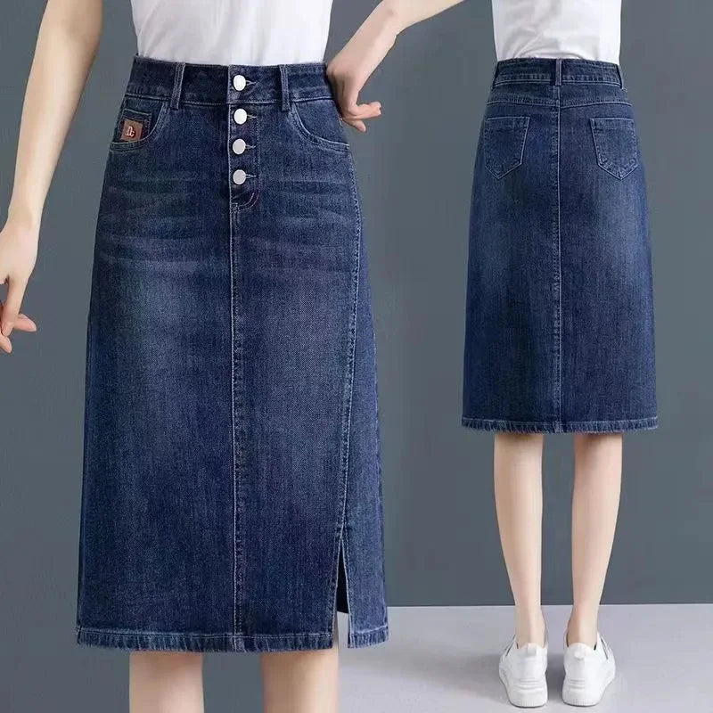 Oversized 5XL Denim Skirt Women's Spring/summer Mid length 2024 New High waisted Elastic Korean A-line Split Casual hip Skirts