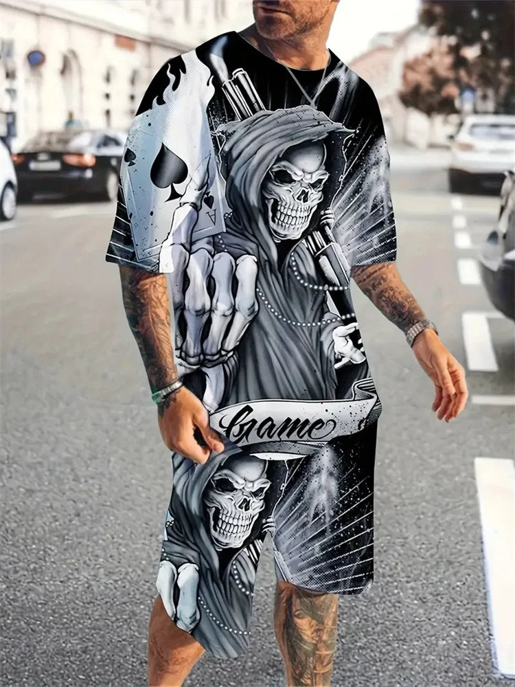 T-shirt casual a maniche corte per vacanze, pantaloncini da strada per esterni, set di pantaloncini estivi da uomo a maniche corte, set da uomo con stampa teschio, modello alla moda