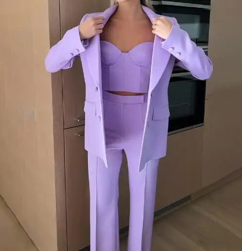 Completo da donna 3 pezzi 2025 autunno nuovo temperamento pendolarismo top corto con spalline sottili e pantaloni a vita alta con blazer a maniche lunghe