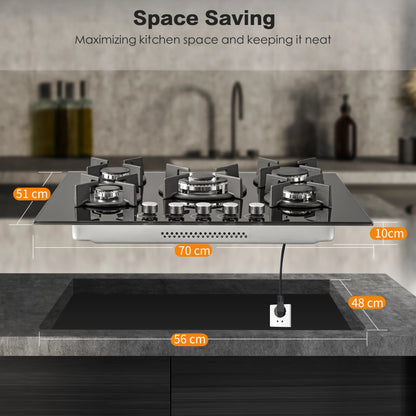 5 fuochi 70 cm in vetro con protezione automatica della fiamma, gas naturale propano, piano cottura a gas da incasso