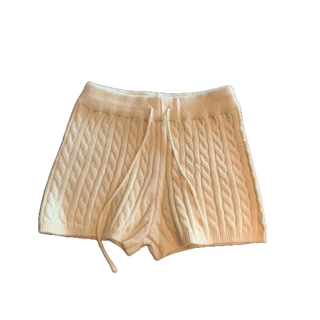 Pantaloncini da donna in maglia a vita alta con coulisse, tinta unita, stile americano, nuovi arrivi autunnali, in fibra di poliestere.