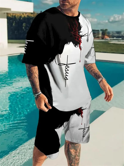 T-shirt casual a maniche corte per vacanze, pantaloncini da strada per esterni, set di pantaloncini estivi da uomo a maniche corte, set da uomo con stampa teschio, modello alla moda