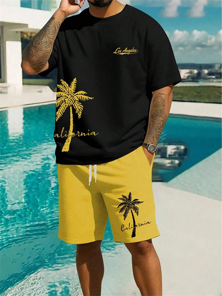 Completo da uomo estivo alla moda con stampa hawaiana di cocco 2024, composto da t-shirt, pantaloncini e tuta sportiva traspirante a due pezzi con stampa 3D a maniche corte.
