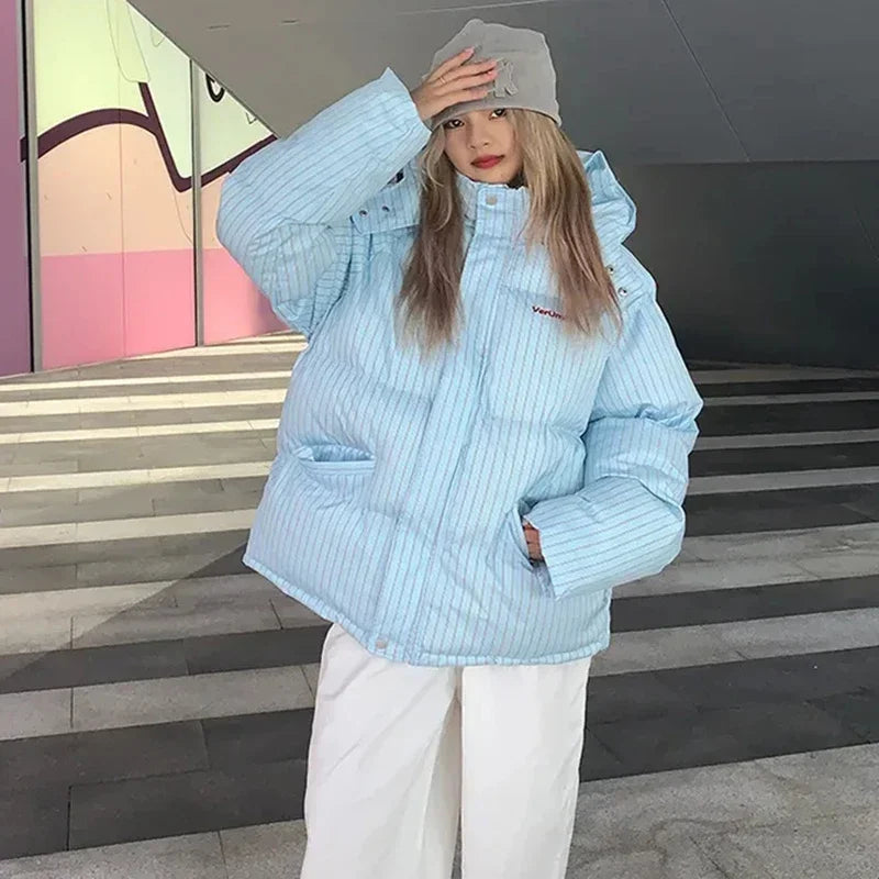 Overcoat 2025 Parkas Fashion Temperament Striped Warm Hooded Women's Quilted Cotton Coat Winter Loose Casual Women Cotton Coat