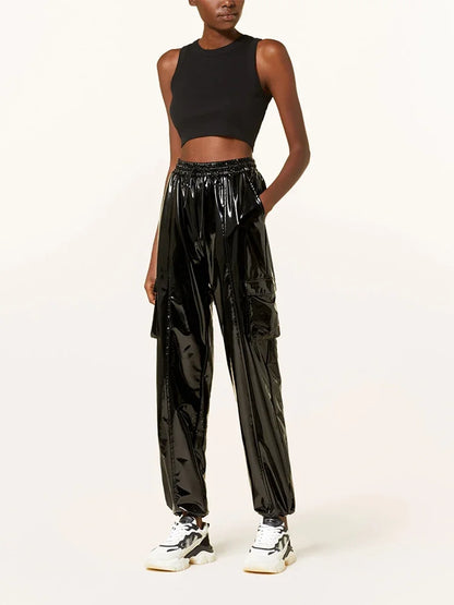 Casual High Waist Faux Latex Cargo Pants Women Shiny Patent Leather Drawstring Elastic Waistband Bloomers PU Sweatpants Custom