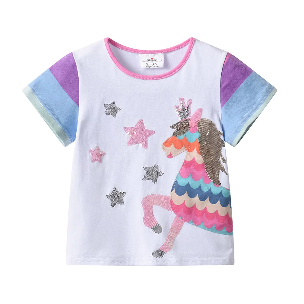 Completo estivo per bambine VIKITA con unicorno, paillettes e applicazioni, composto da maglietta a righe in cotone e pantaloni, 2 pezzi.