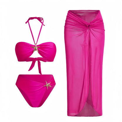 Sexy Bikini Three-piece Set Strapless Ladies Swimsuit Beach Skirt Swimwear Polyester Fabric Quick-drying Pure Color for Adults