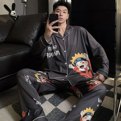 Pigiama Naruto Pain da uomo, set anime in seta satinata, pigiama con colletto risvoltato, maniche lunghe, abbigliamento da notte maschile, set da 2 pezzi, cardigan, abbigliamento per la casa
