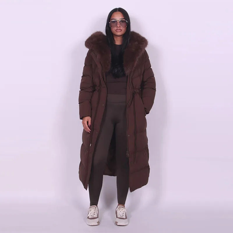 Elegant Fur Collar Hood Belt Long Cotton Jacket Women Zipper Drawstring Waist Parka Down Coat 2025 Winter Lady Warm Chic Outwear