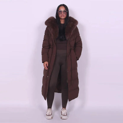 Elegant Fur Collar Hood Belt Long Cotton Jacket Women Zipper Drawstring Waist Parka Down Coat 2025 Winter Lady Warm Chic Outwear