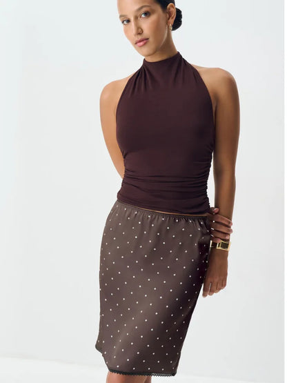 Articat Fashion Satin Polka Dot Print Bodycon Skirt Women Sexy Tight Zipper Lace Trim Half Skirt Autumn New Office Streetwear