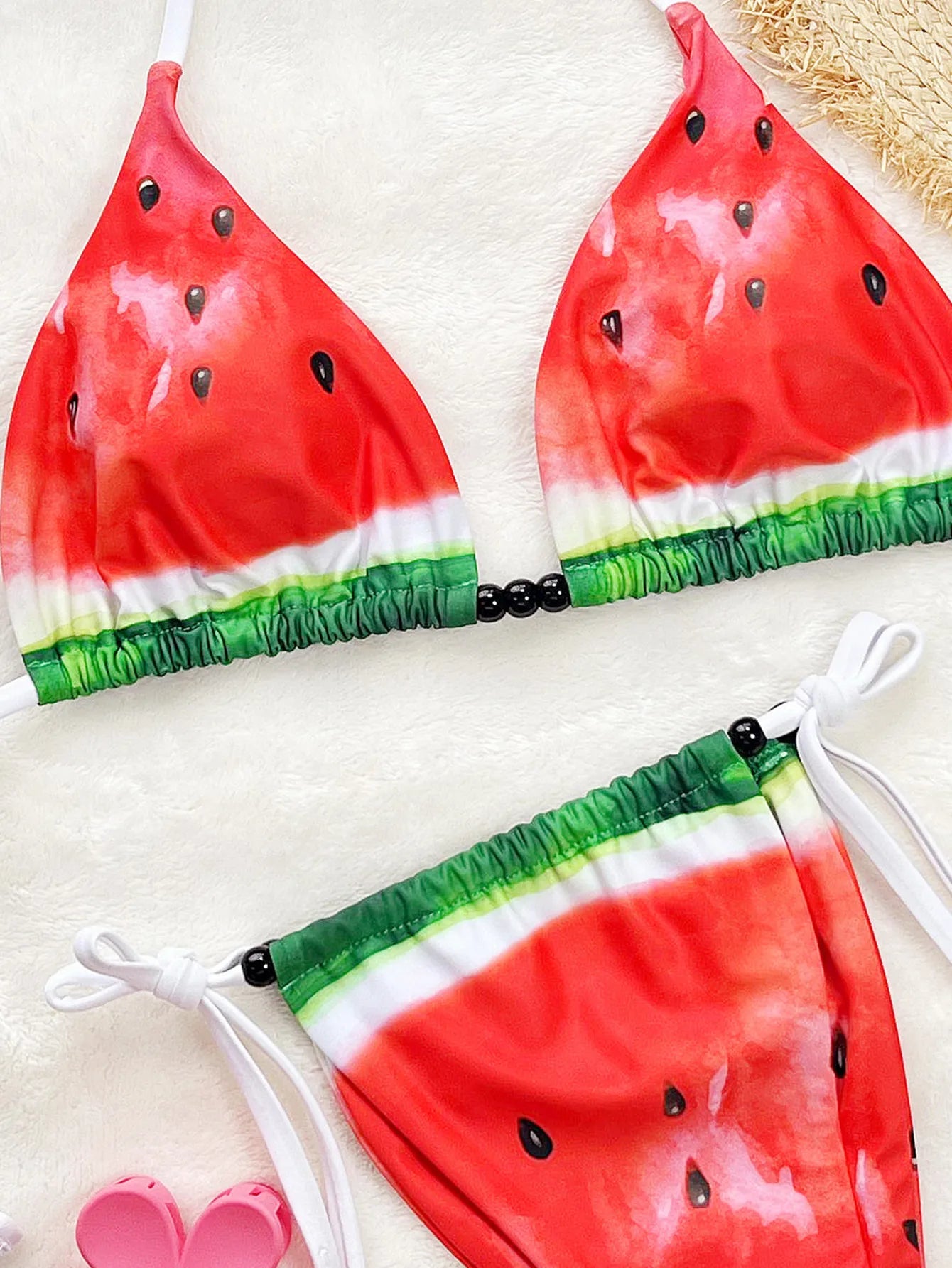 Sexy Red Watermelon Print Bikini Set 2025 Women Beaded String Strap Push Up Micro Swimsuit Bathing Suit Bandage Tanga Swimwear